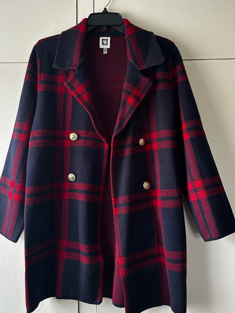 Ann Klein Classic Navy & Red Plaid Double-Breasted Coat/Cardigan